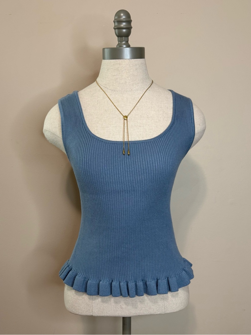 The Workshop Blue Ribbed Tank with Ruffle Hem Medium Boutique Brand